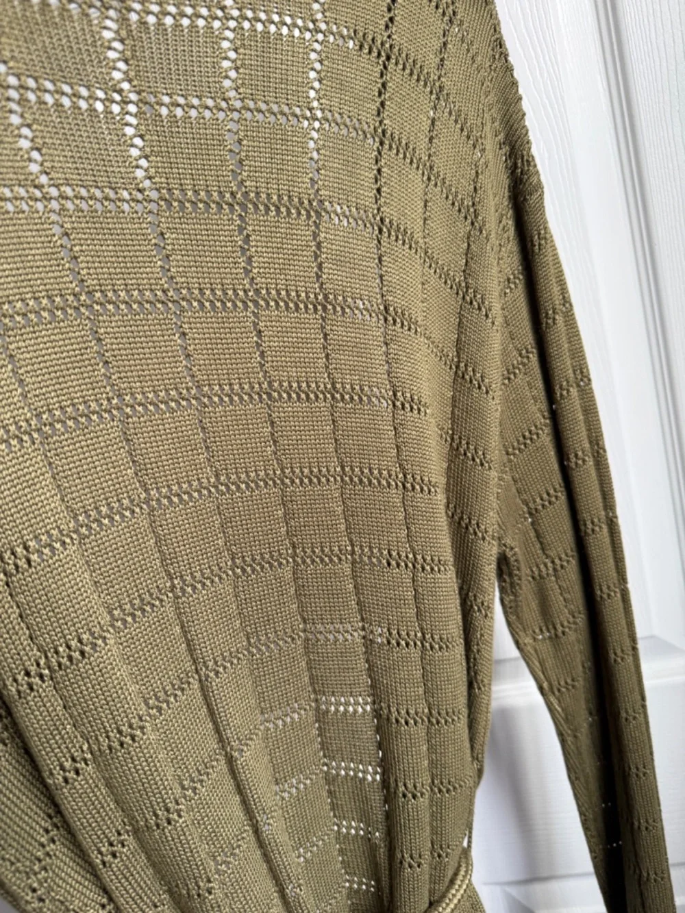 Future Collective Olive Green Pointelle Knit Belted Cardigan Sweater Size S